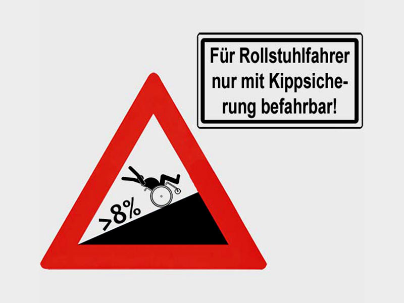 Verkehrsschild Achtung &uuml;ber 8 % Steigung mit kippendem Rollifahrer