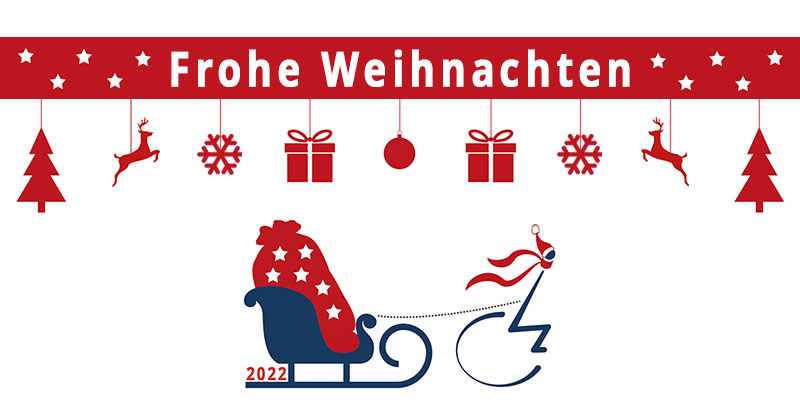 Weihnachten 2022 - das Nullbarriere-Logo fährt mit dem Schlitten unter einer Weihnachtsgirlande