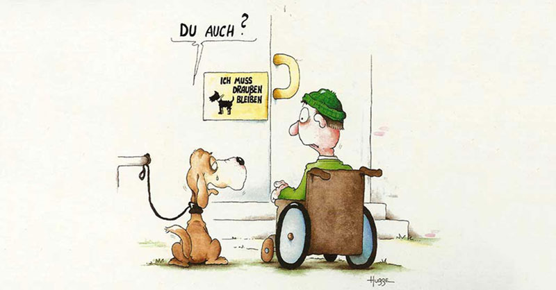 Rollstuhlfahrer und Hund vor Eingang
