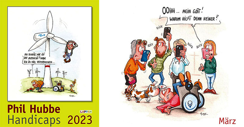 Titelblatt des Hubbe Kalenders Handicaps 2023 und März-Cartoon