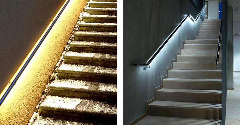2 Ansichten: beleuchteter Handlauf auf einer verschneiten Treppe und in einem Gebäude