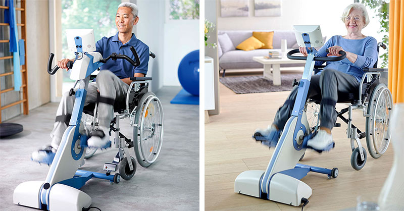2 Fotos - ein Rollstuhlfahrer bei der Therapie und eine Frau im Rollstuhl trainiert daheim