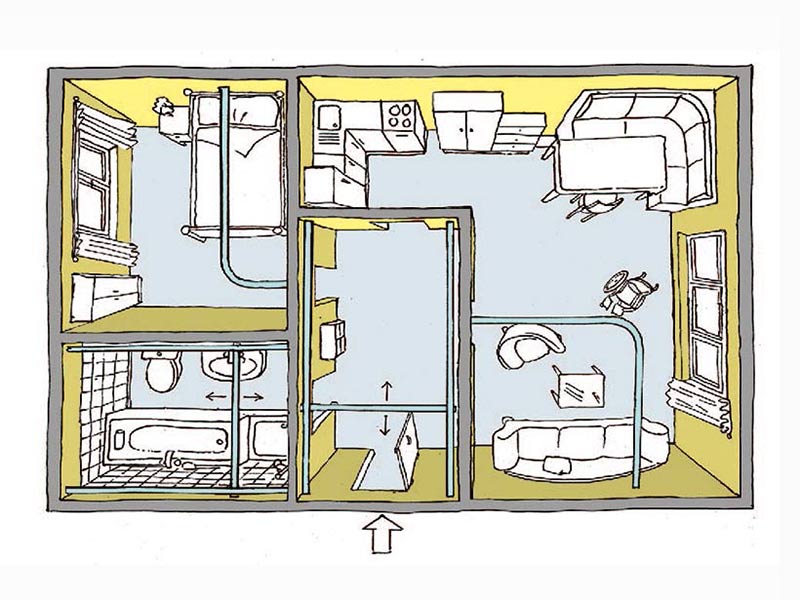 Grundriss Deckenschienenliftsystem in einer Privatwohnung