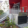Hebebühne hochgefahren mit Abrollsicherung Hebebühne am oberen Halt mit Abrollsicherung