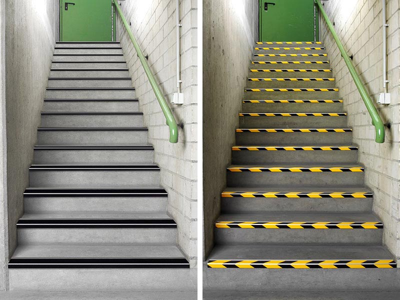2 Bilder: Stufenmarkierung in schwarz und schwarz-gelb an ainer Kellertreppe