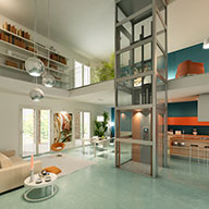 Plattformsenkrechtlift für Maisonette-Wohnung Plattformsenkrechtlift im selbsttragenden Glasschacht, 3D-Darstellung